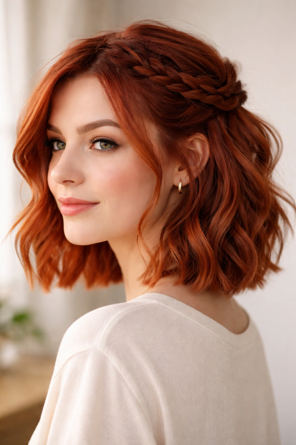 Short red hair braided half-up with loose waves on the rest of the hair