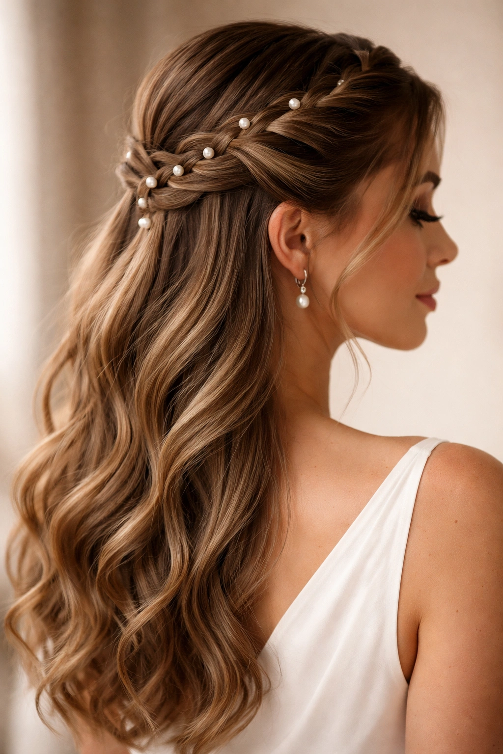 Close-up braided half-up hairstyle with pearl accents
