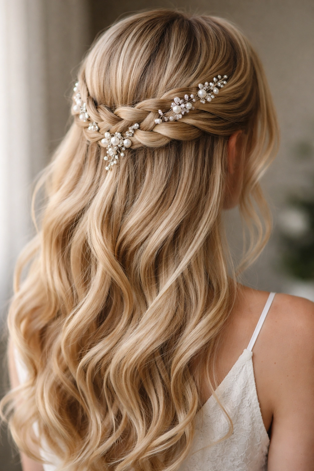 Blonde hair with a crown braid and pearl/crystal accents