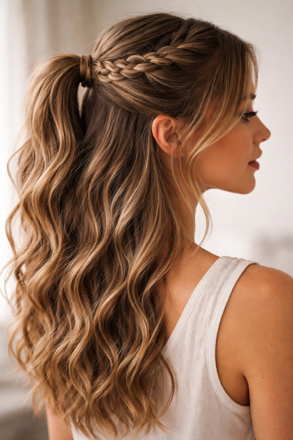 Side view of braided half-up ponytail on wavy hair