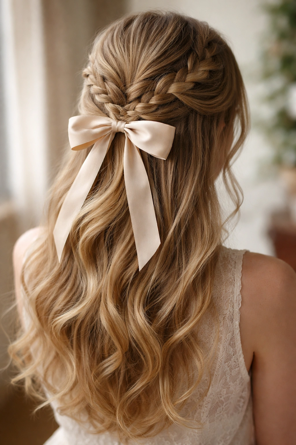 Braided half-up hairstyle secured with silk ribbon bow
