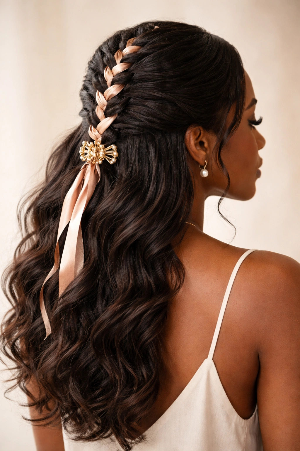 Close-up of braided half-up with silk ribbon woven through center crown and clipped at back