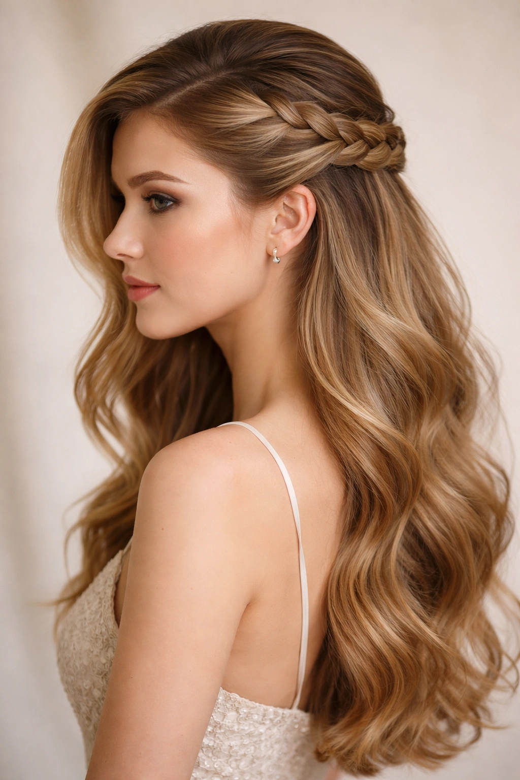 Close-up of a braided half-up hairstyle with a deep side part