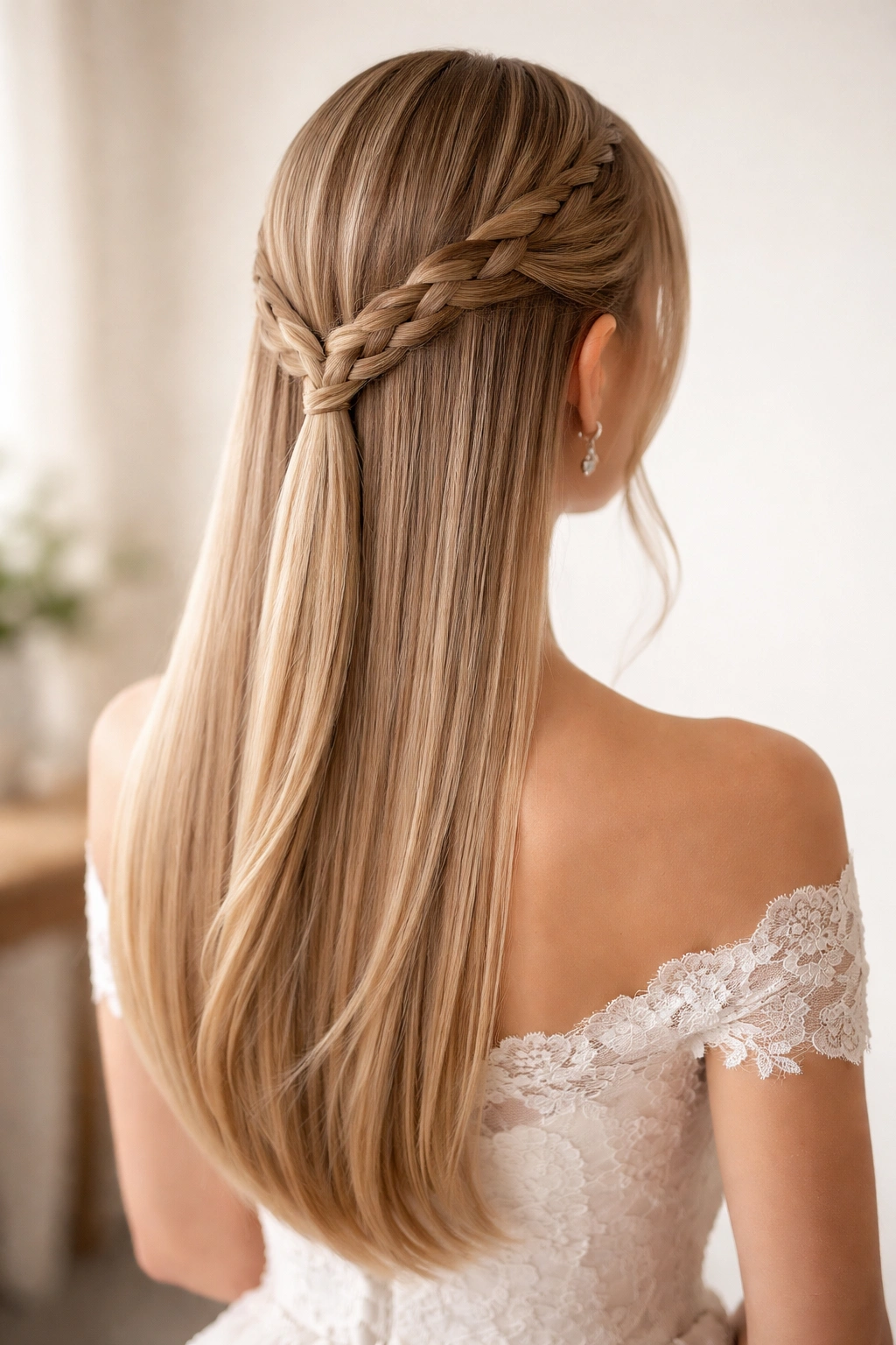 Bridal half-up hairstyle with a braid and straight ends