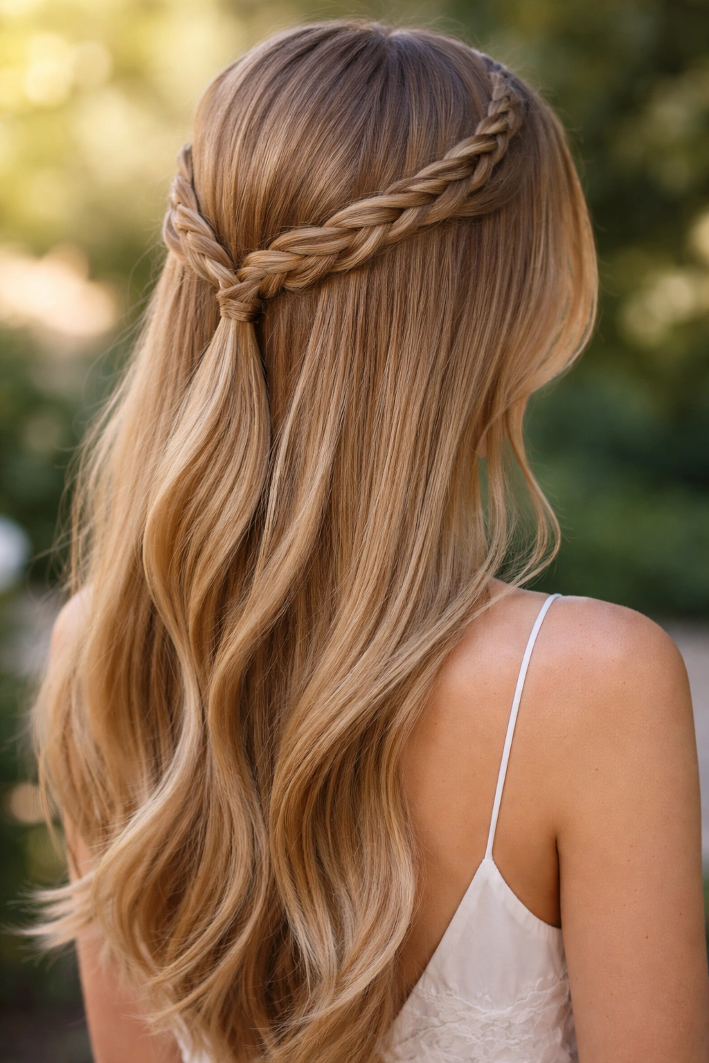 Close-up of The Romantic Braided Half-Up with a clear front-to-back braid on straight hair