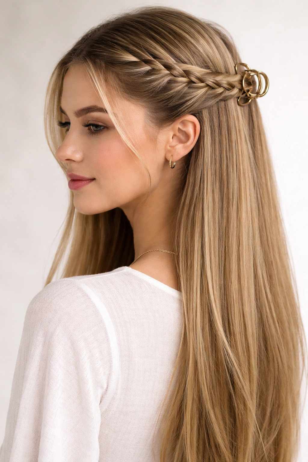 Temple to temple three-strand braid ending near ear with a clip securing the half up.