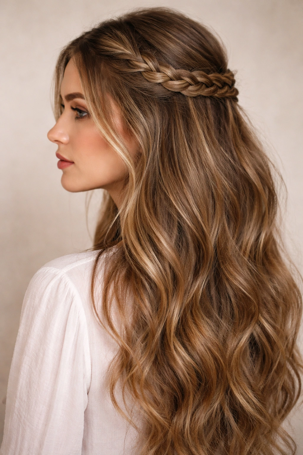 Side view of a long-haired model with a simple three-strand braid in a half-up style