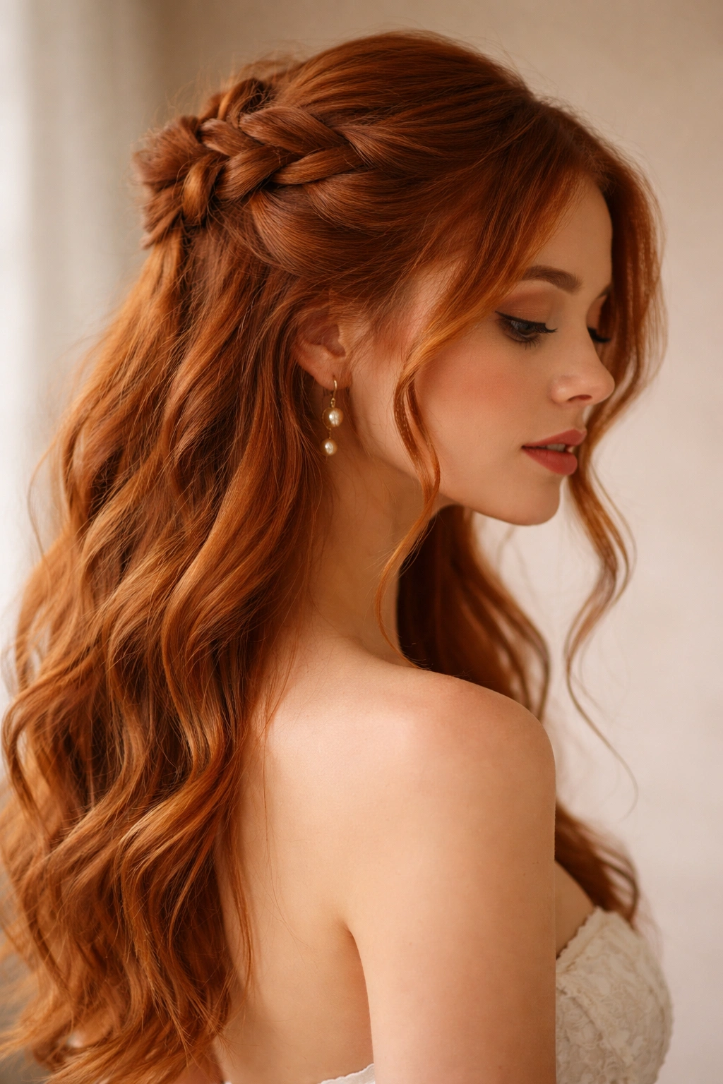 Side profile of red hair braided with delicate tendrils framing the face