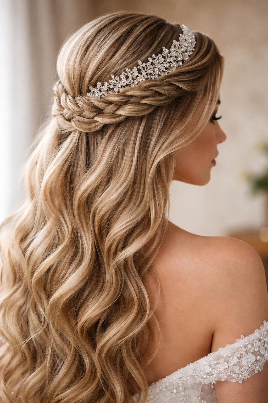 Diagonal braid across head ending at crown with tiara