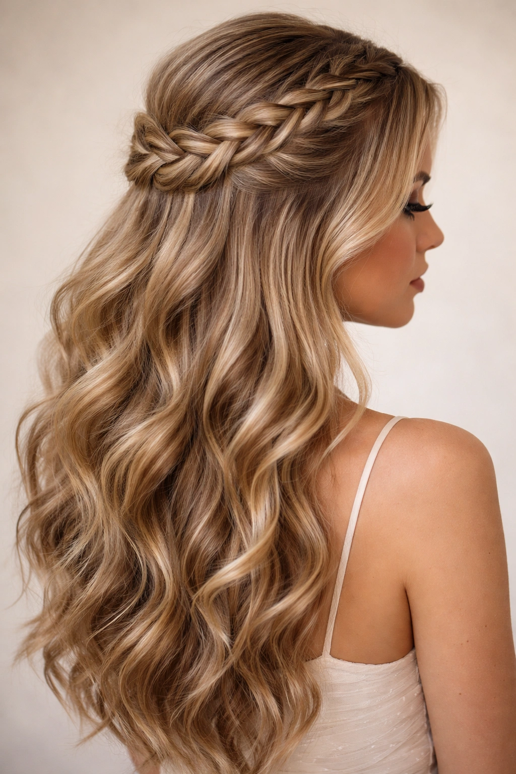 Braided half up hairstyle with off-center braid and voluminous waves