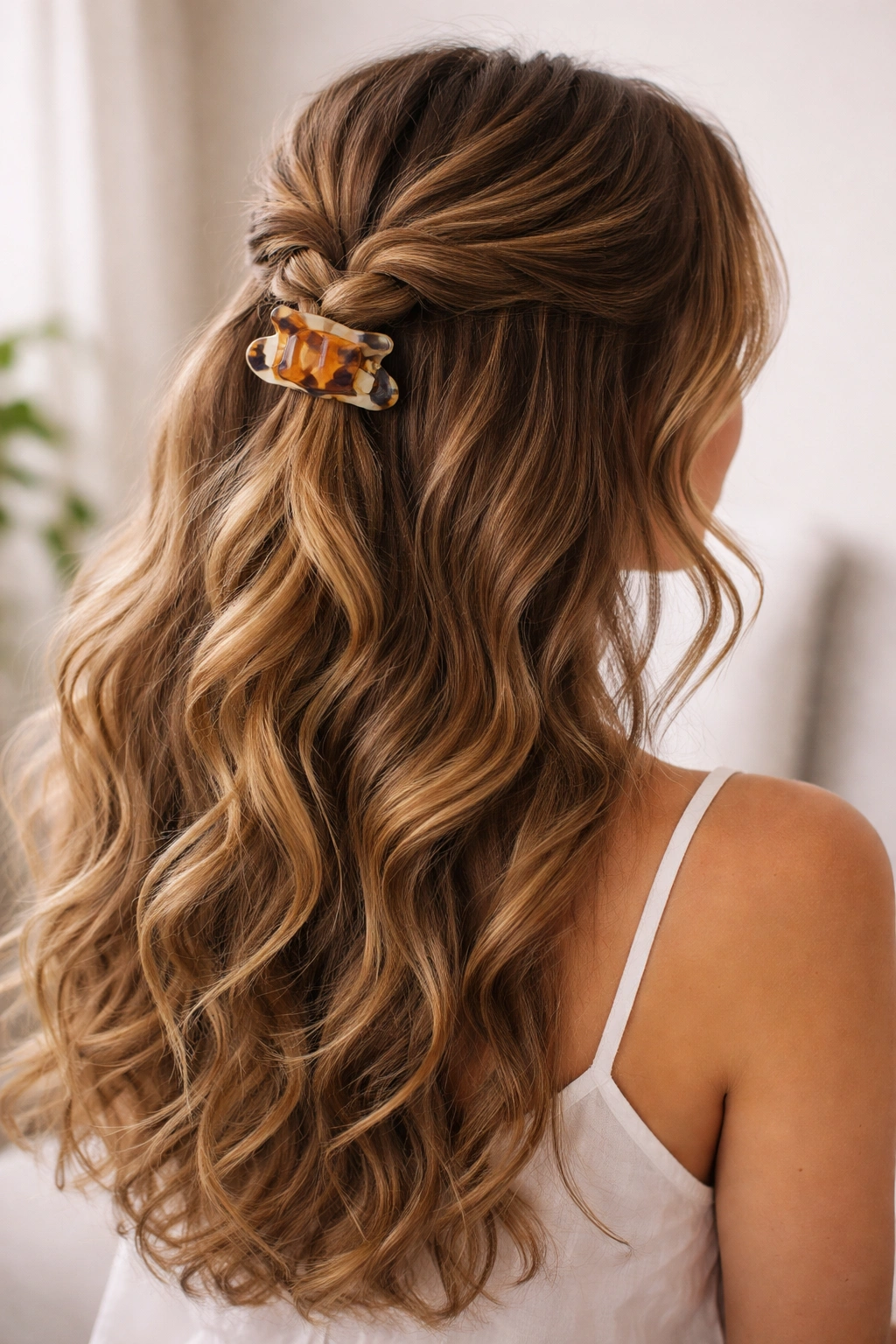 Braided top section with half-up clip and wavy hair