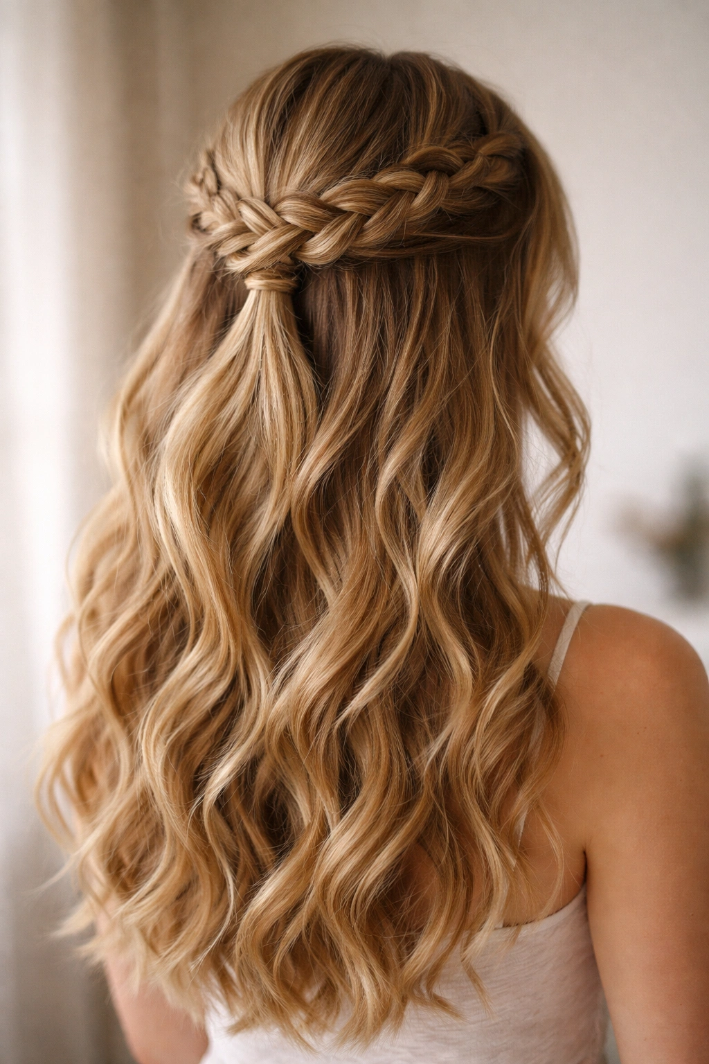Braided crown meeting loose waves in a half-up style