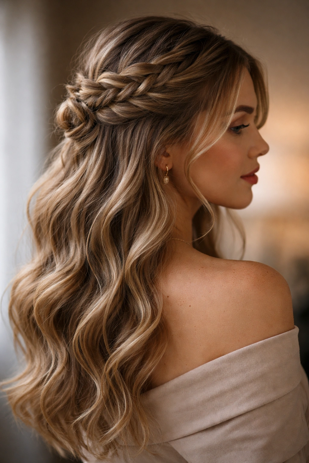 Braided half-up hairstyle with soft waves and a small back bun