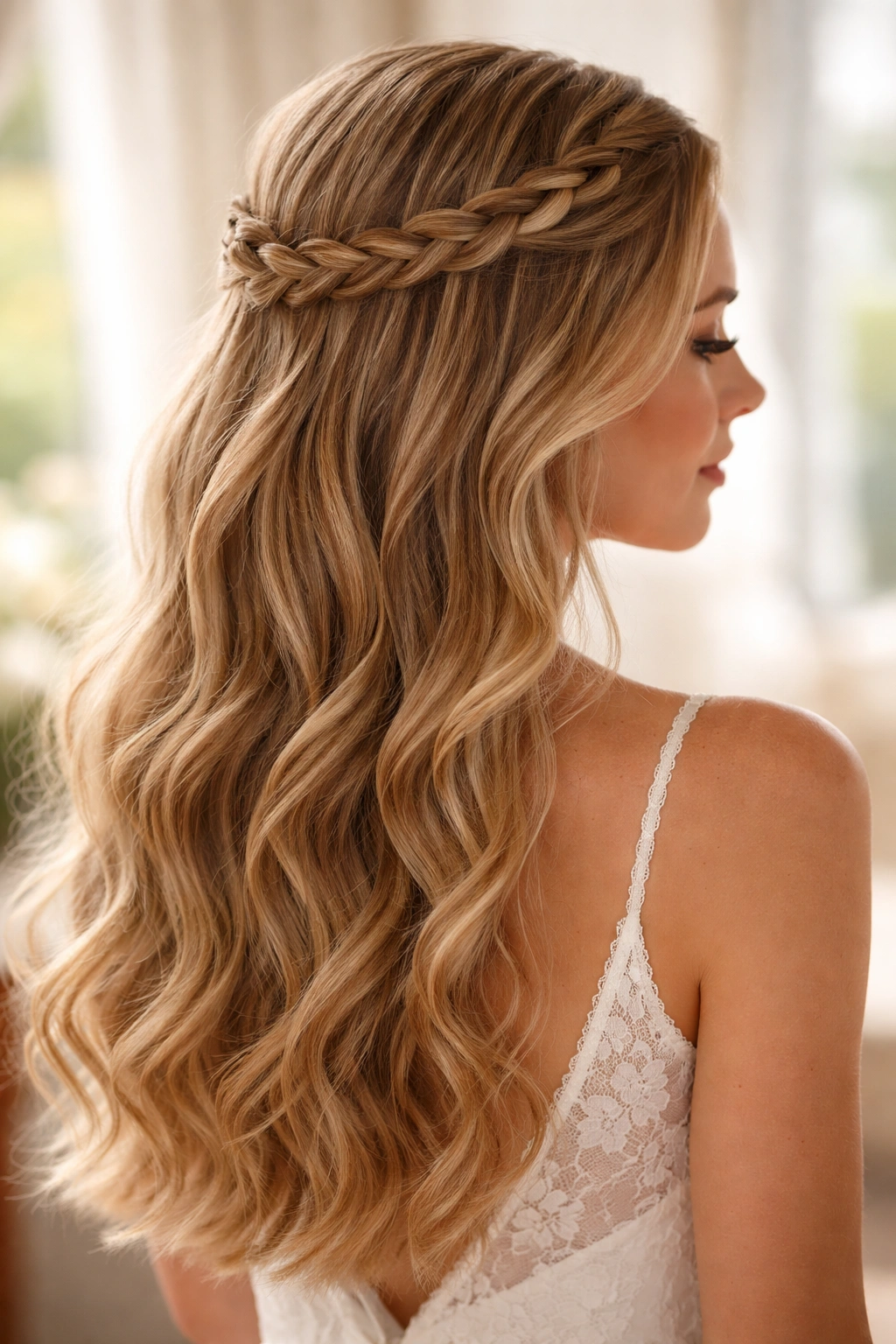Crown braid with loose waves hairstyle for bridesmaids