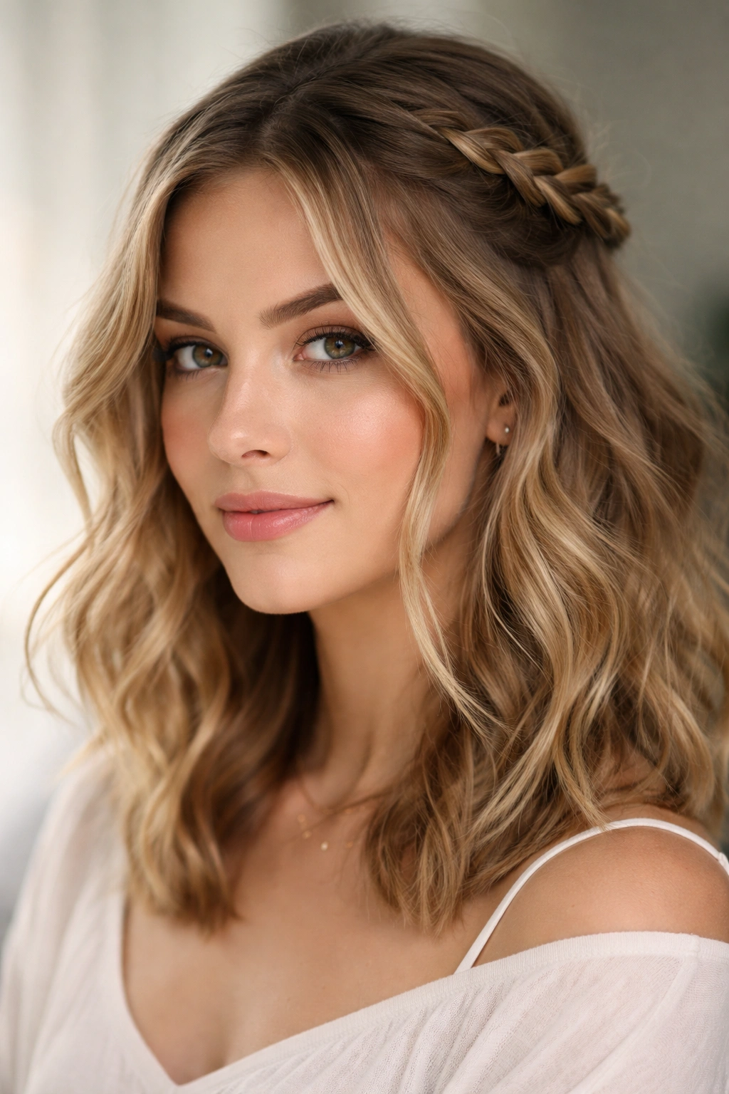 Close-up of wavy hair with a loose braid and face-framing strands
