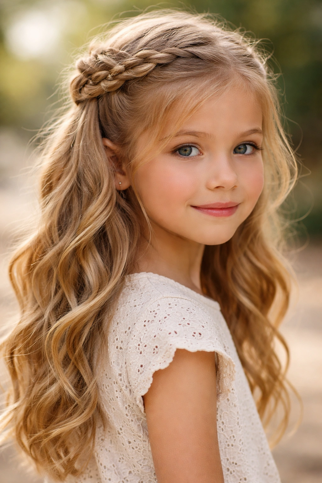 Child with braided half-up sides and loose waves at the bottom