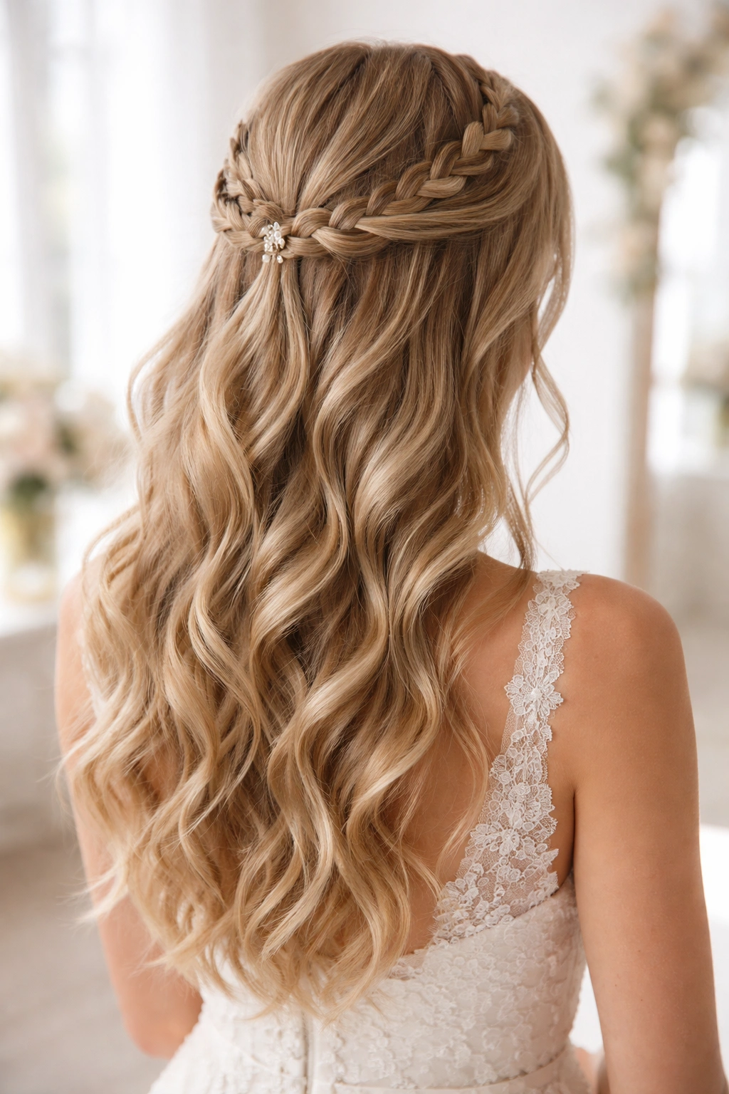 Close-up of braided half-up with loose waves hairstyle for wedding