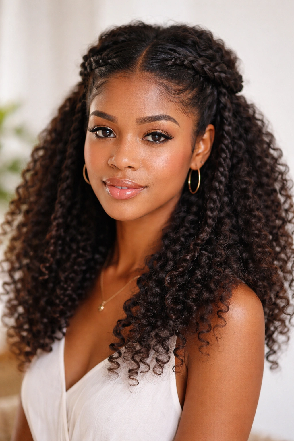 Half-updo with two side braids pulled back showing coily texture