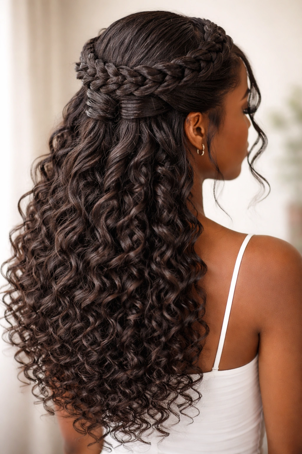 Halo braid half-up with wrapped crochet hair