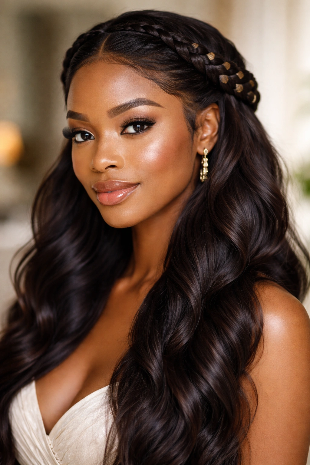 Halo braid crown around the head with flowing hair