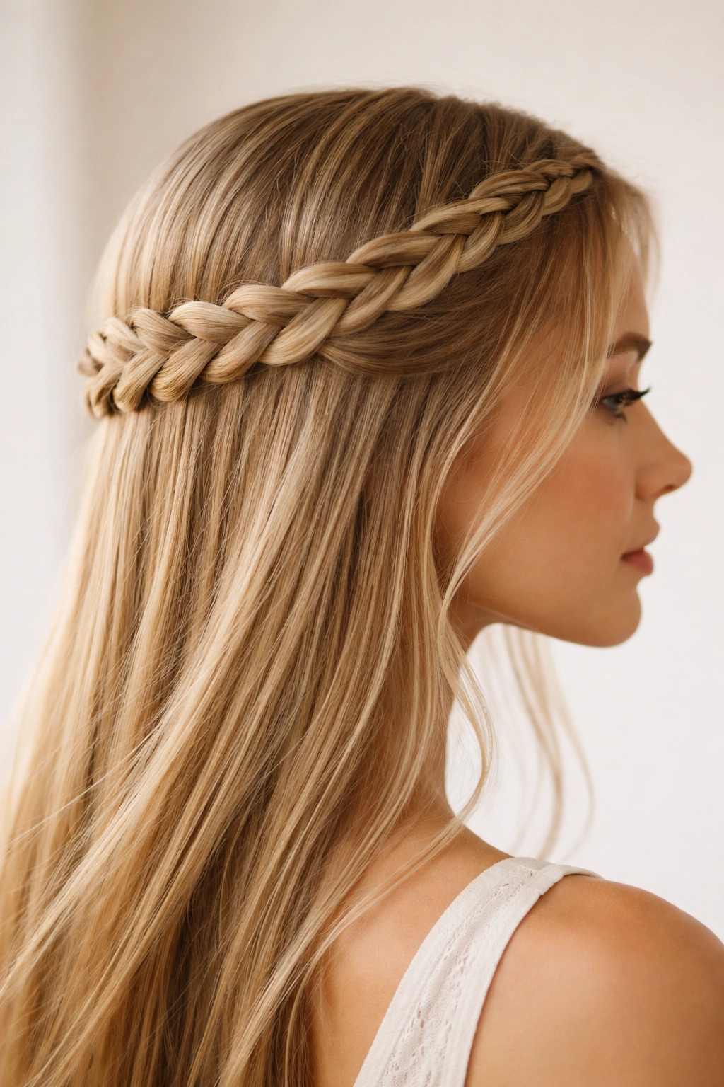 Halo braid encircling the head on straight hair in a studio