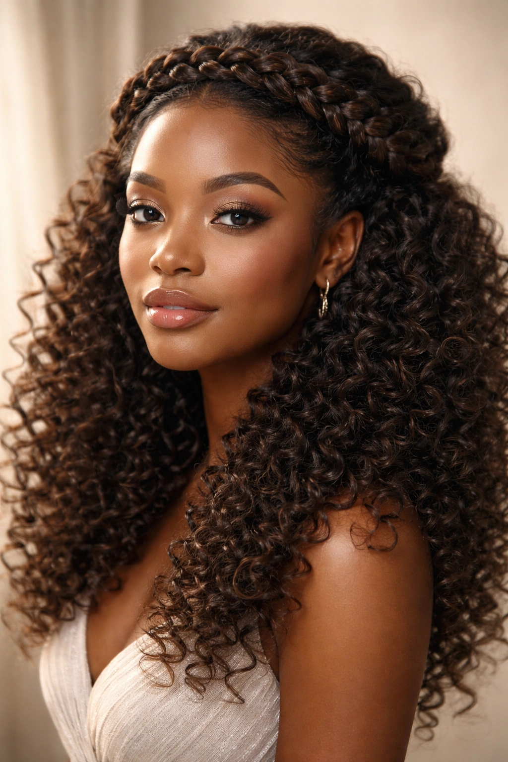 Braided halo framing face with free-flowing curls