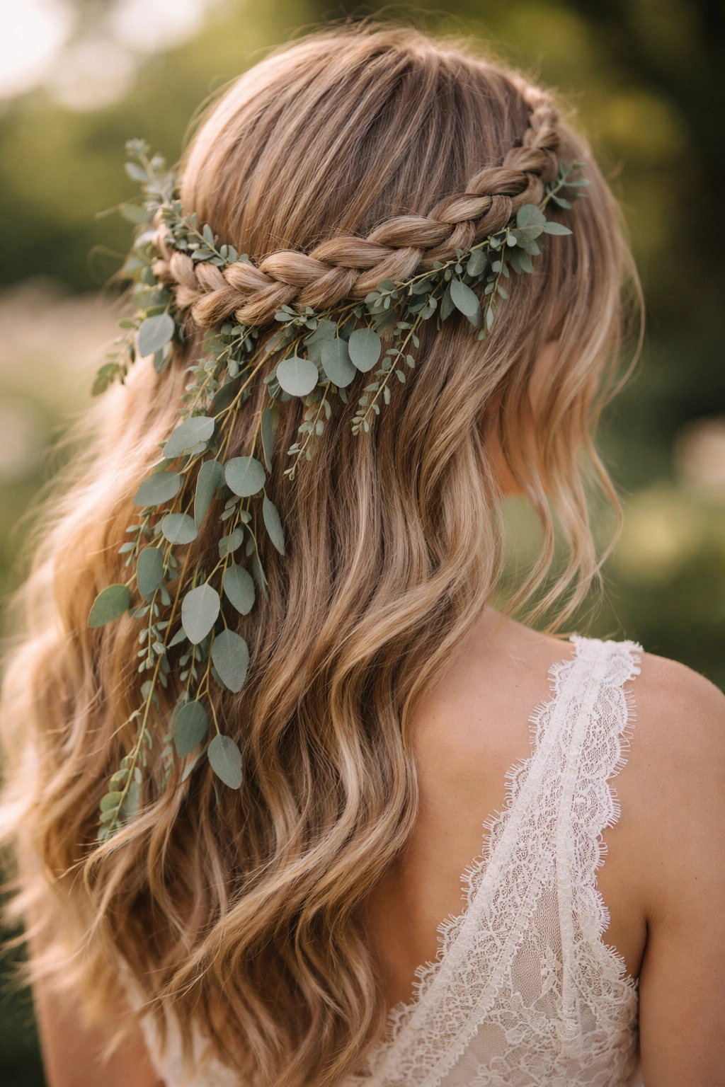 Halo braid around head with eucalyptus strands woven into it.