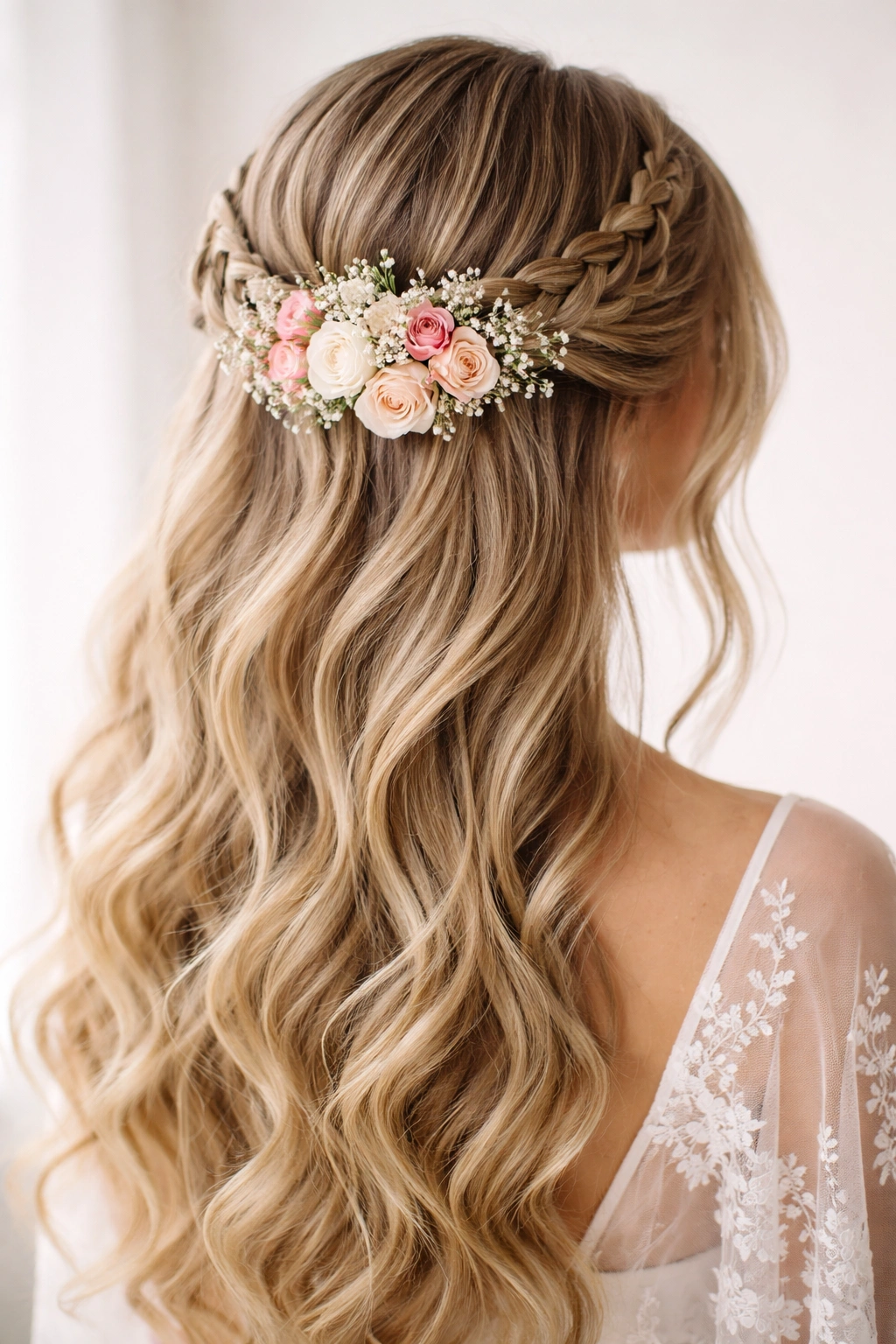 Halo braid encircling head with clustered flower accent