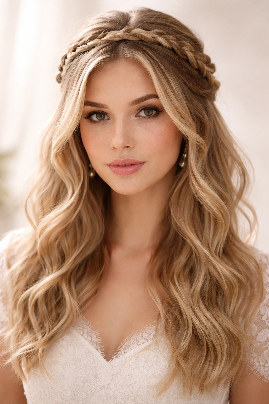 Halo braid around the back of the head with loose front hair for a romantic look.