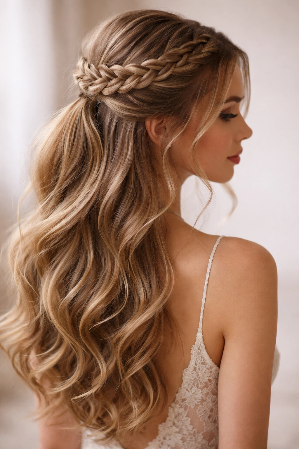 Halo braid surrounding the head blending into a half-up style