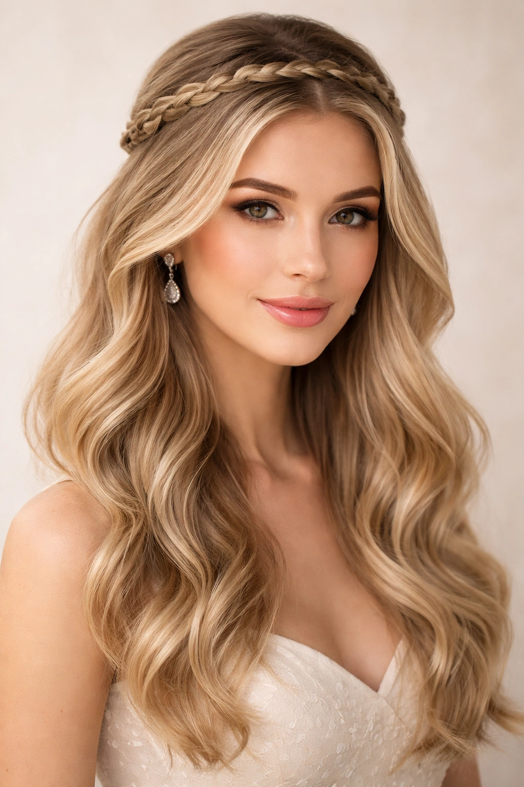 Halo braid encircling the head with loose waves on the lower half.