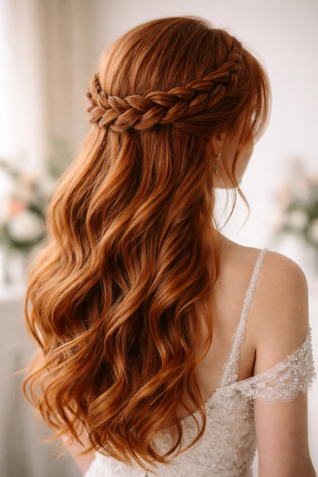 Half-up with braided halo on red hair