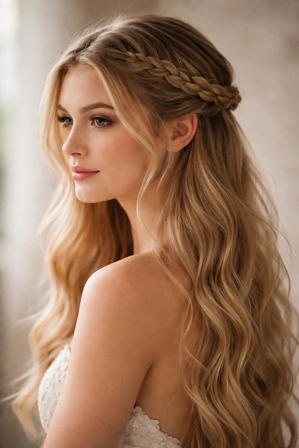 Close-up of braided halo half-up hairstyle with a center crown braid toward the ear
