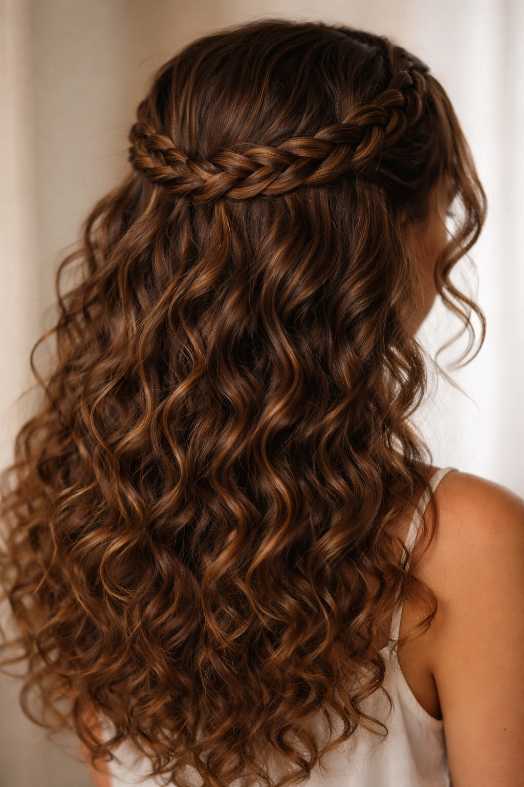 Portrait of a person with braided halo half-up, curls flowing below