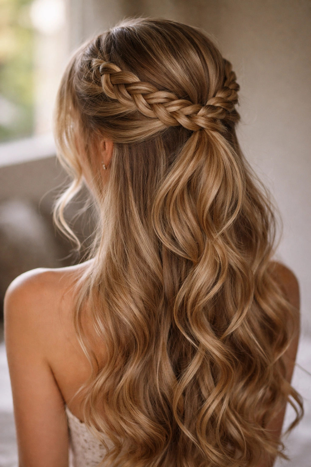 Hair braided in a halo around the head with a half-up ponytail beneath.