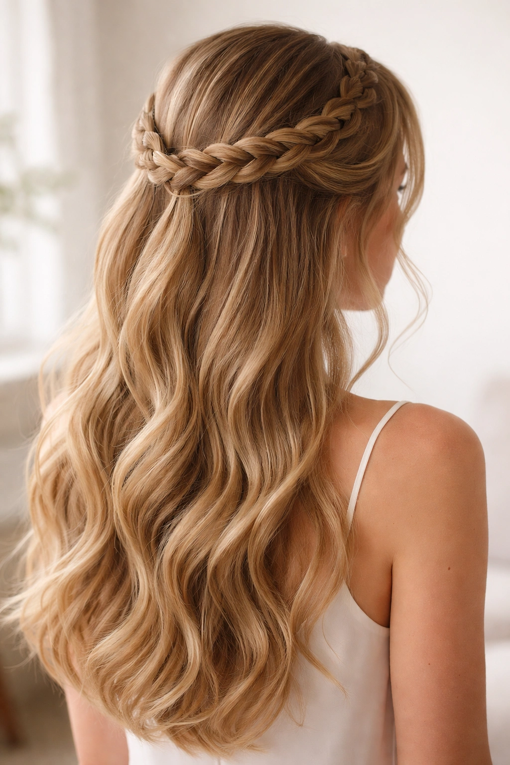 Halo braid around the head with half of hair left down