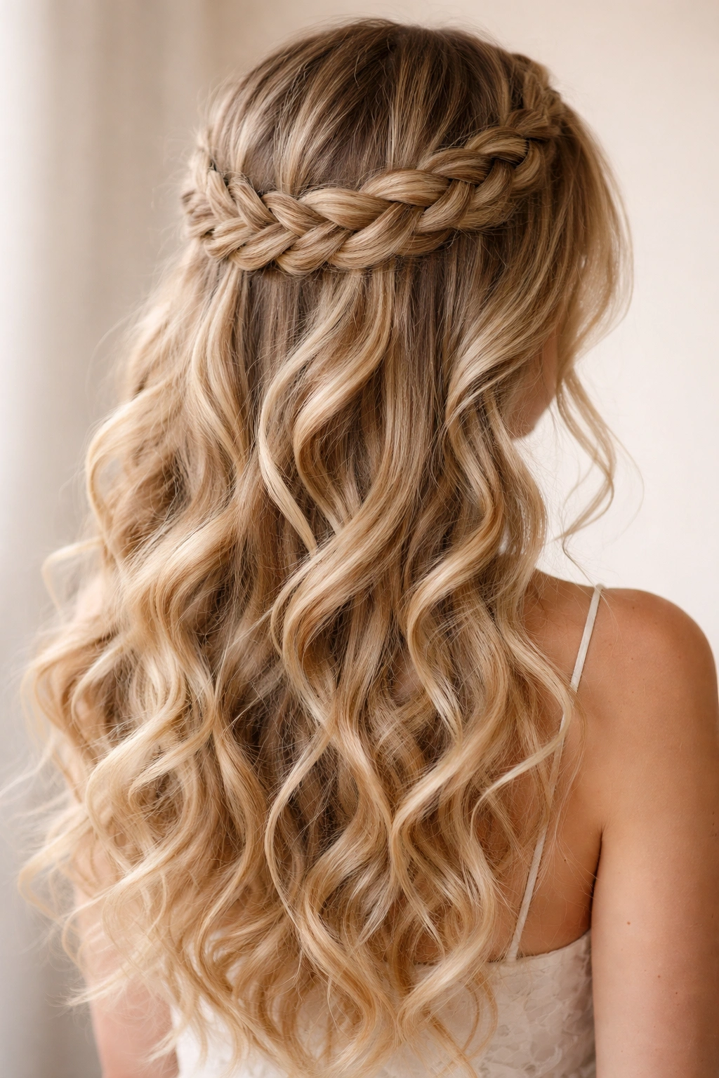 Halo braid encircling the head with loose curls for a romantic formal look