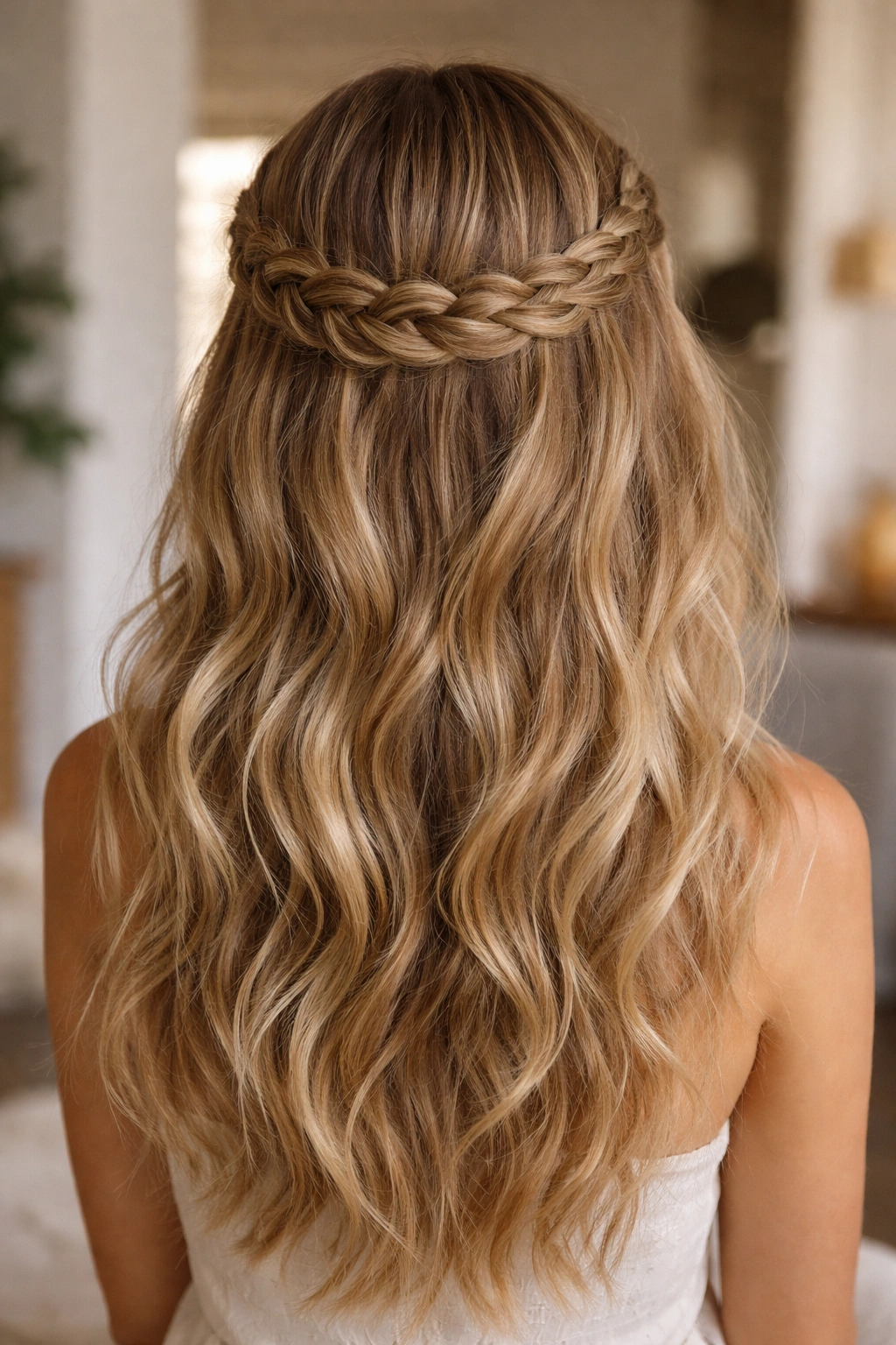 Halo braid wrapping around crown with loose hair cascading