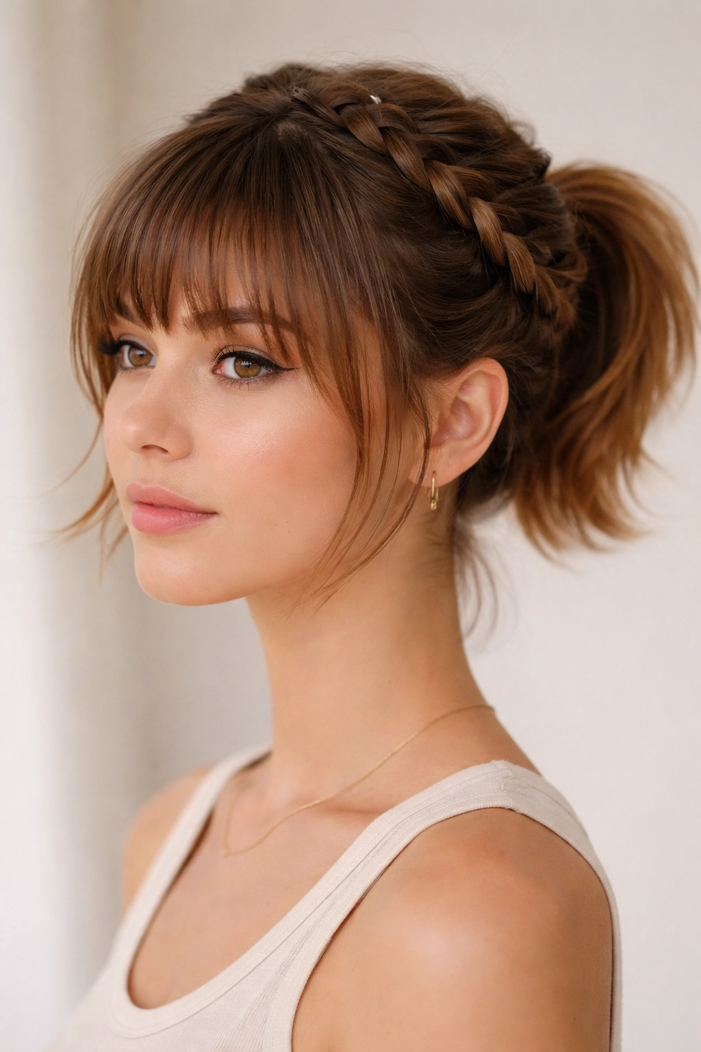 Close-up of The Braided Halo Pony hairstyle on short hair with bangs and halo braid