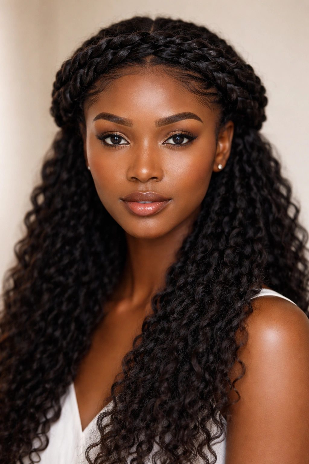 Halo of braids encircling the head with loose hair beneath