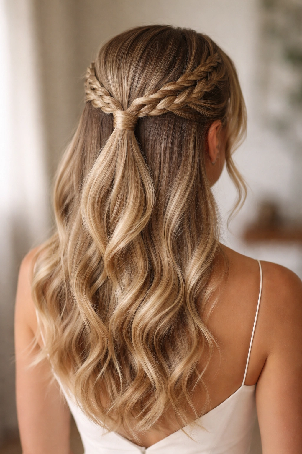 Two braids forming a halo meeting at the crown into a half-up ponytail with waves below