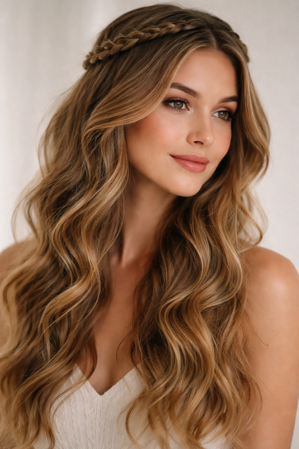 Close-up of a braided halo with loose waves around the crown