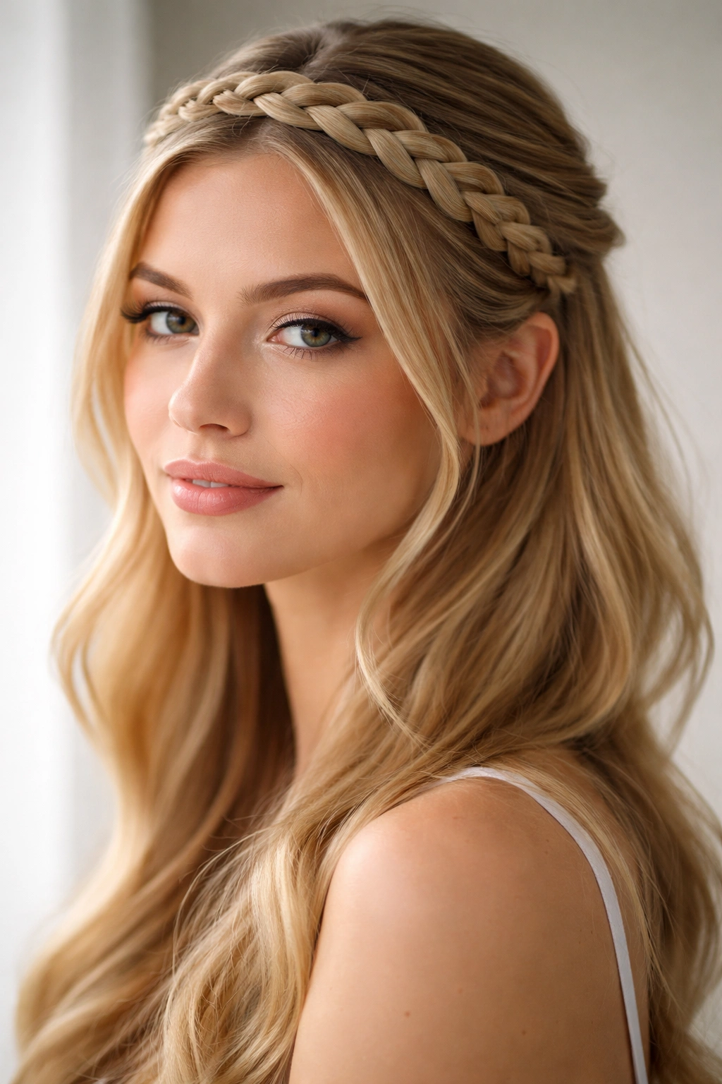 Thick headband braid along the hairline on fine hair