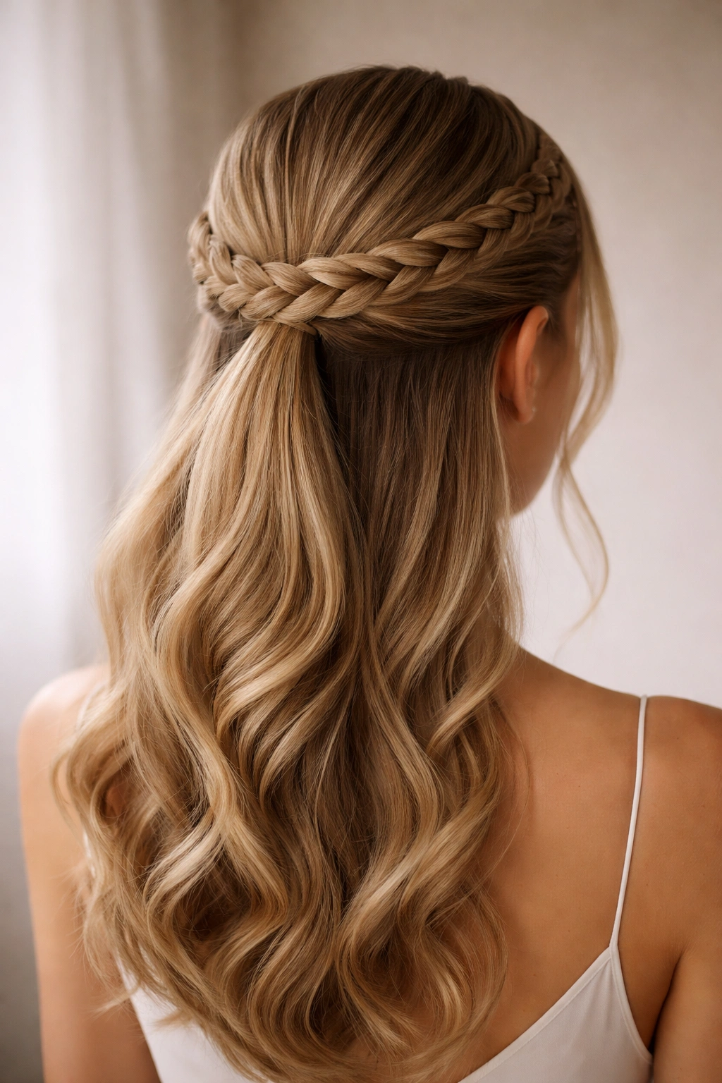 Braided headband half-up hairstyle with ponytail at the nape