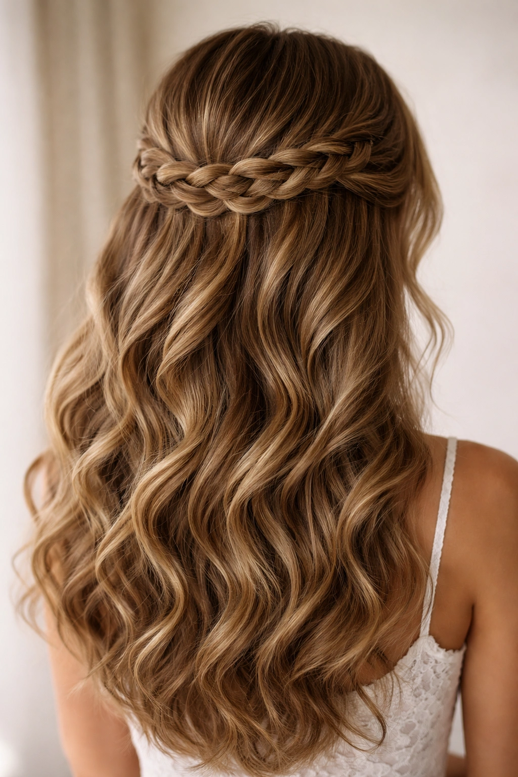 Thick hair with a horizontal braided headband, securing the half-up style