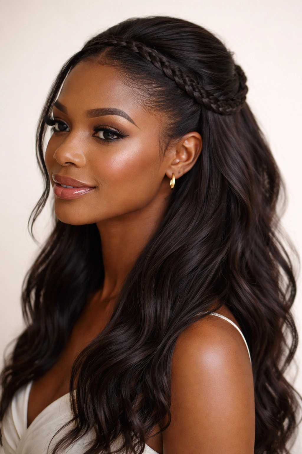 Thin braid wrapping around head like a headband with flowing hair