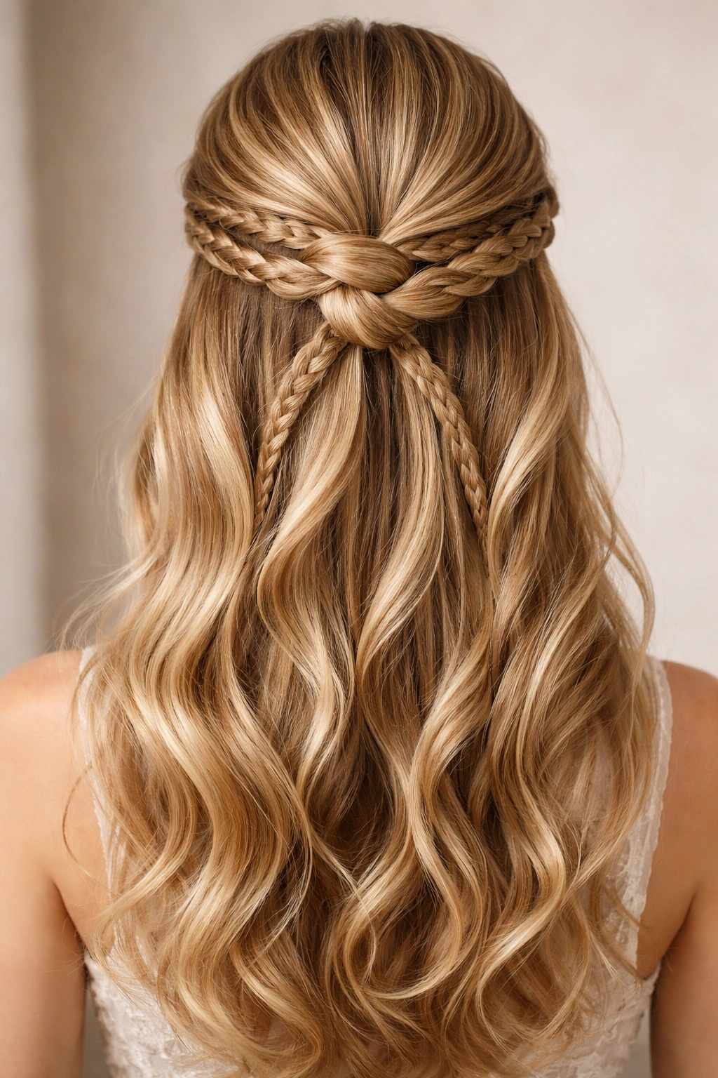 Knot-based half-up hairstyle with braided tails for a structured look