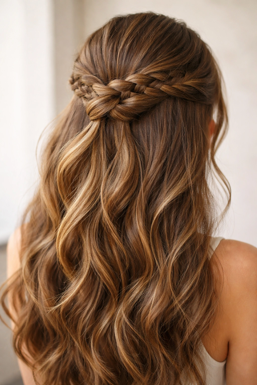 Braided knot half up hairstyle with a loose knot on thick hair.