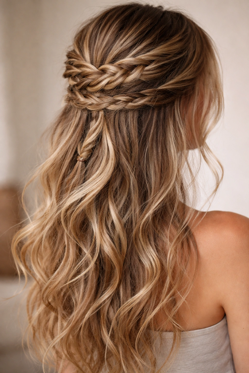 Layered braided half-up with multiple thicknesses secured at back