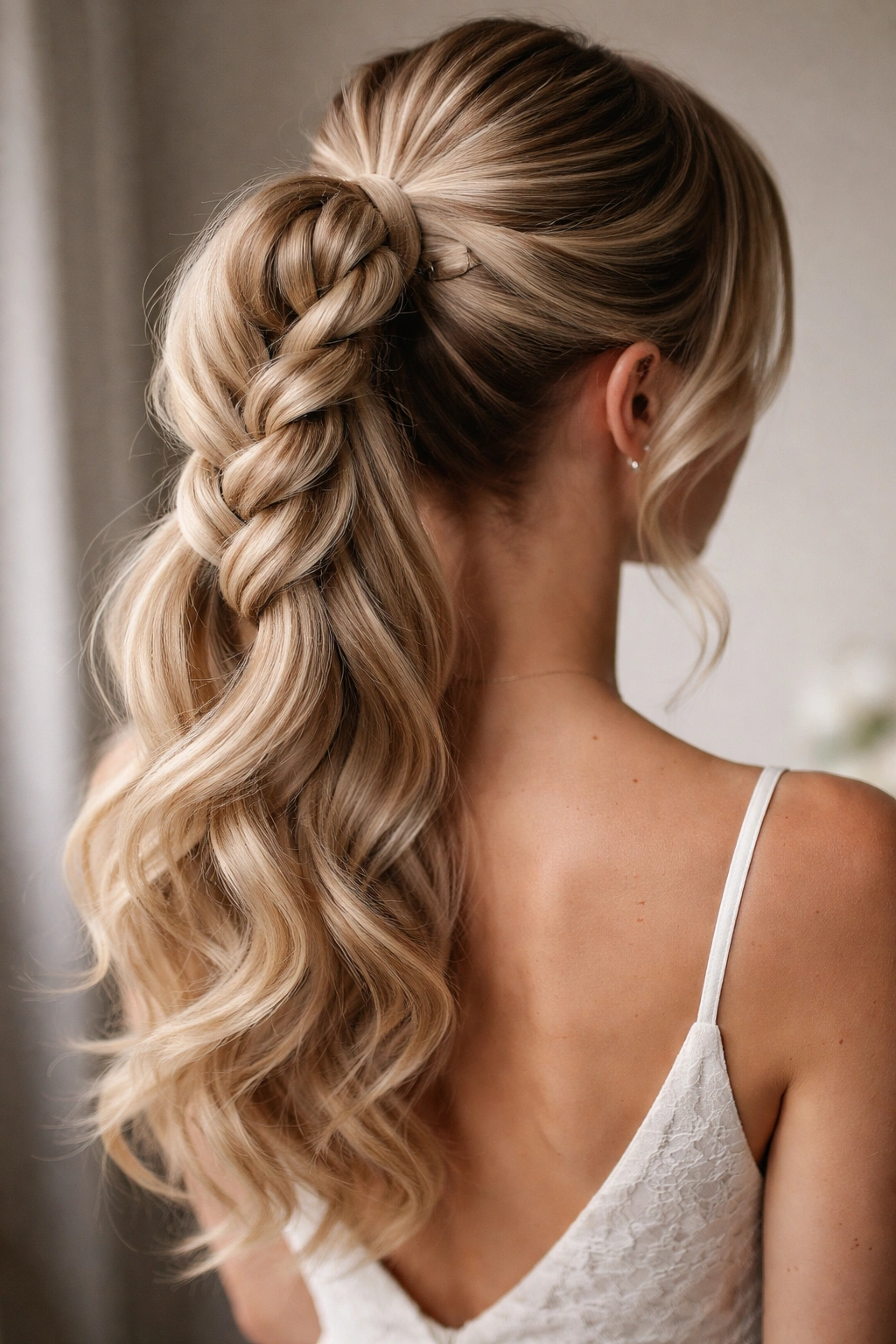 Back view of braided and looped ponytail showing looped braid
